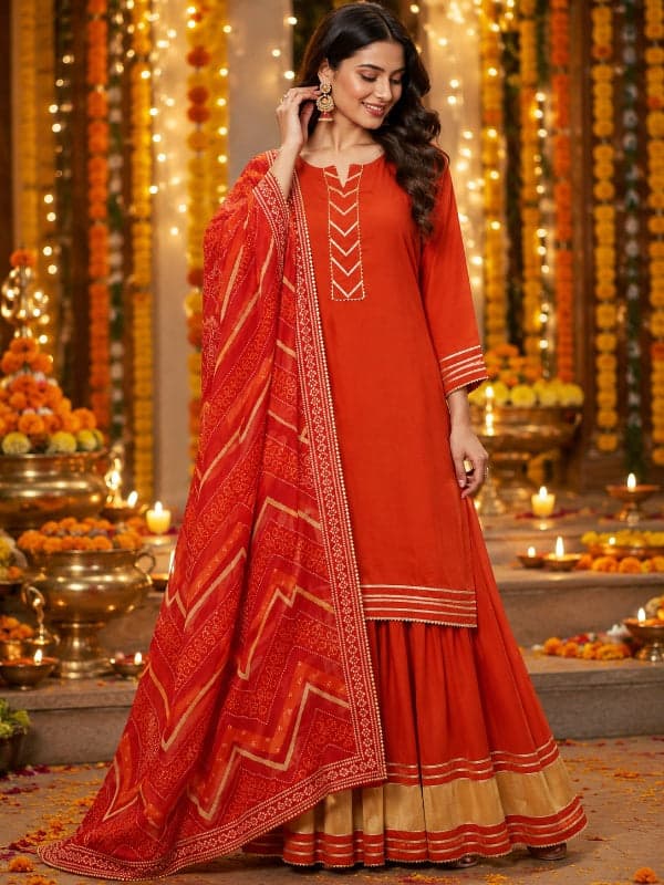 Rust embroidered kurta set from the Jaipur Kurti collection