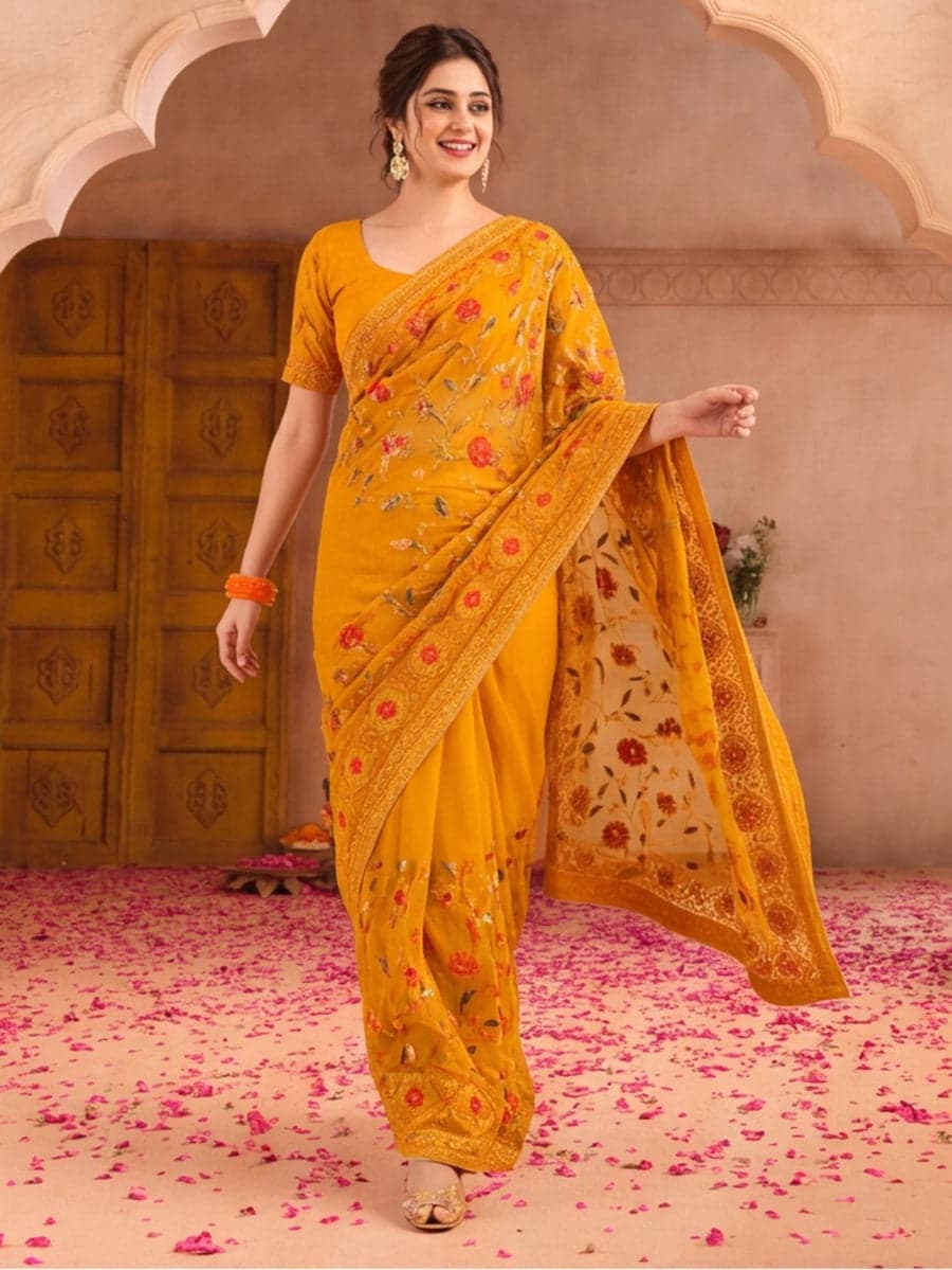 Mustard embroidered net saree from the Jaipur Kurti collection
